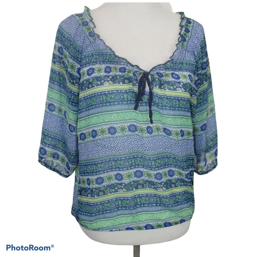 Olsenboye Women's Top Blouse Blue Sheer Boho Floral Peasant Size S